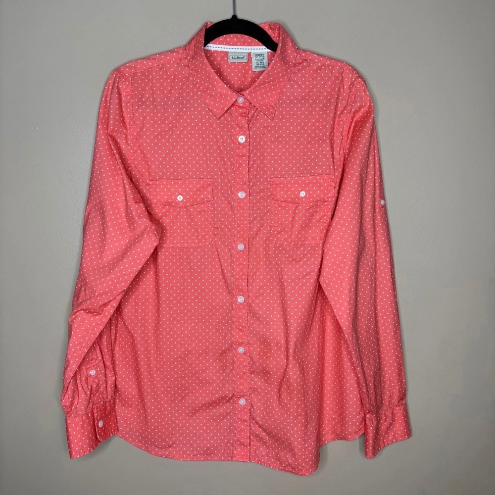 LL Bean Women XL Coral Pink Polka Dot Roll Tab Sleeve Button Down Shirt Preppy
